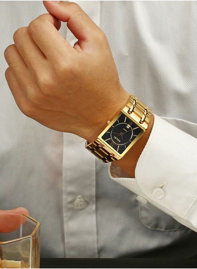 HALEI - HALEI Luxury 2-Piece Square Couple Watches Gold Stainless Steel Quartz Calendar Wristwatch Rhinestone His and Her Watch Set - Image 1