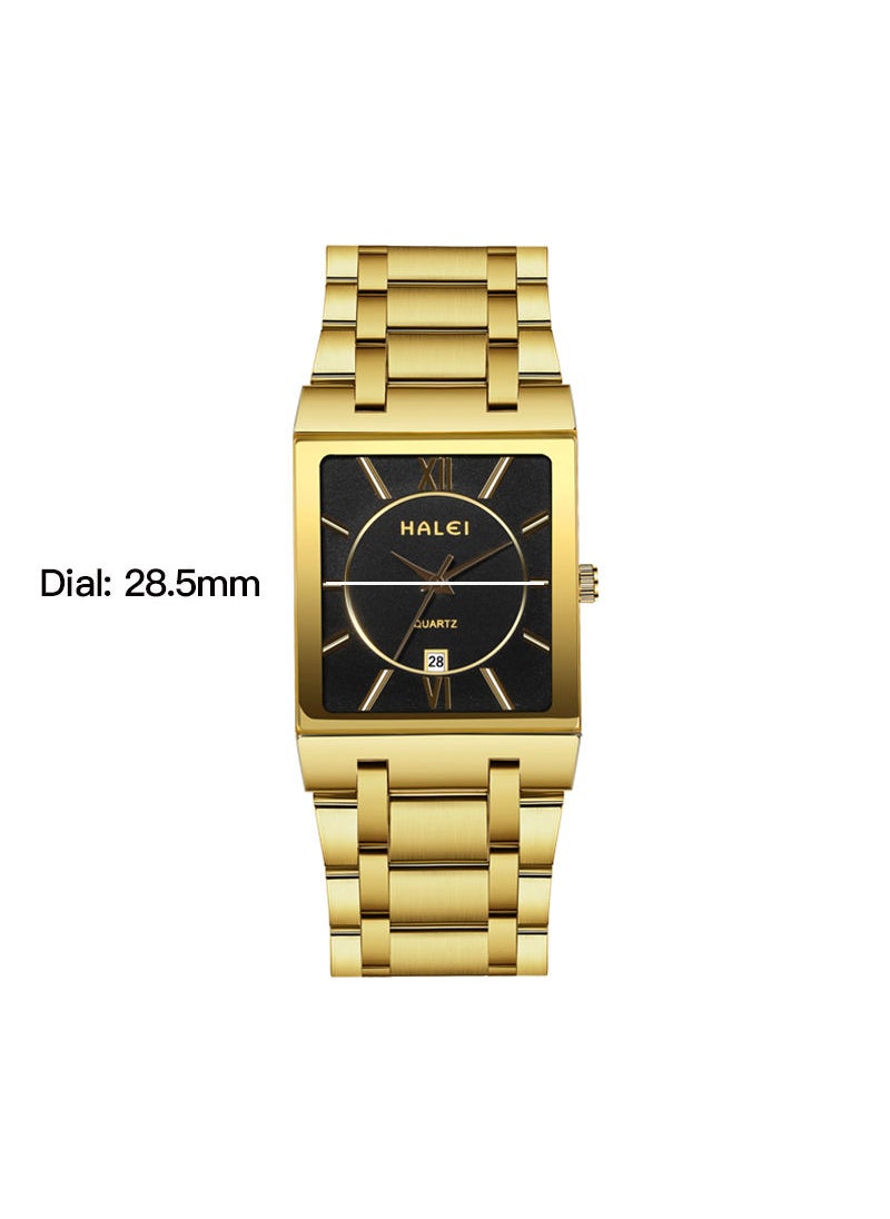 HALEI - HALEI Luxury 2-Piece Square Couple Watches Gold Stainless Steel Quartz Calendar Wristwatch Rhinestone His and Her Watch Set - Image 1