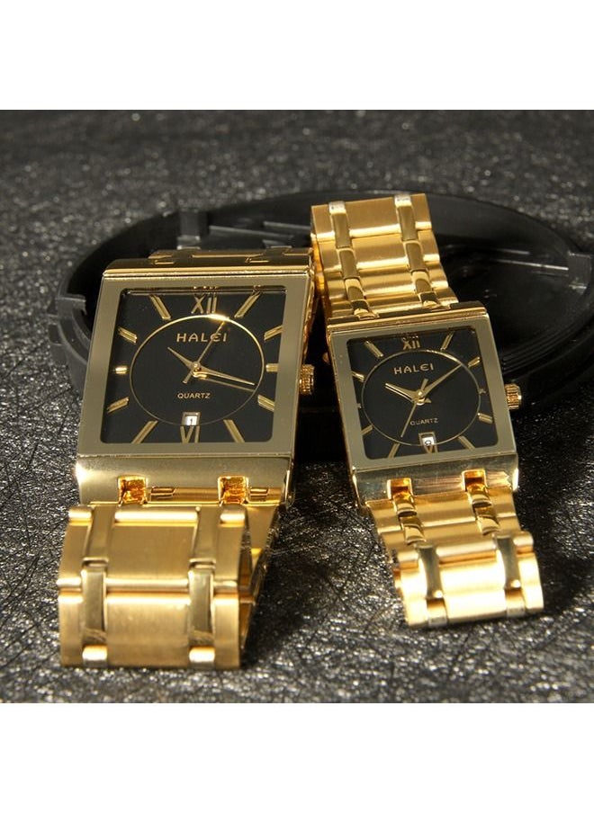 HALEI - HALEI Luxury 2-Piece Square Couple Watches Gold Stainless Steel Quartz Calendar Wristwatch Rhinestone His and Her Watch Set - Image 1