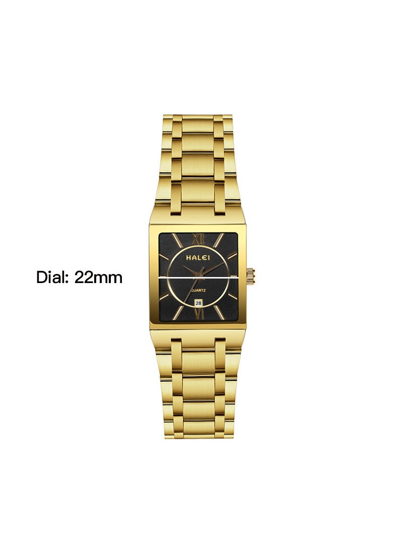 HALEI - HALEI Luxury 2-Piece Square Couple Watches Gold Stainless Steel Quartz Calendar Wristwatch Rhinestone His and Her Watch Set - Image 1