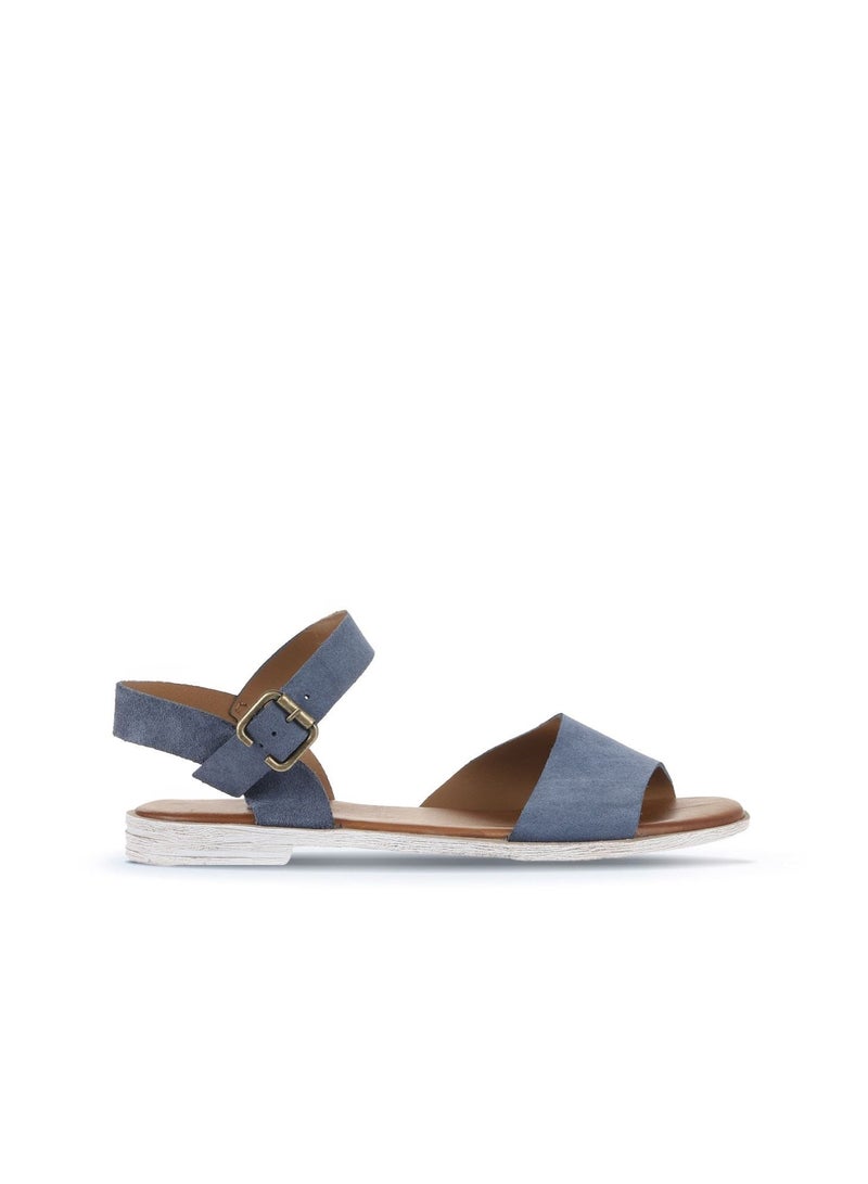 BUENO Women's Indigo Blue Suede Buckle Strap Sandals – Handmade Flat Open-Toe Summer Shoes with White-Washed Sole for Casual and Chic Outfits - Image 1