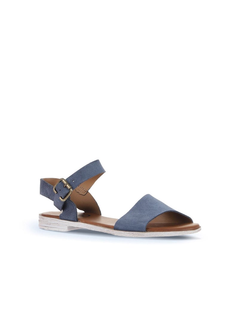 BUENO Women's Indigo Blue Suede Buckle Strap Sandals – Handmade Flat Open-Toe Summer Shoes with White-Washed Sole for Casual and Chic Outfits - Image 2