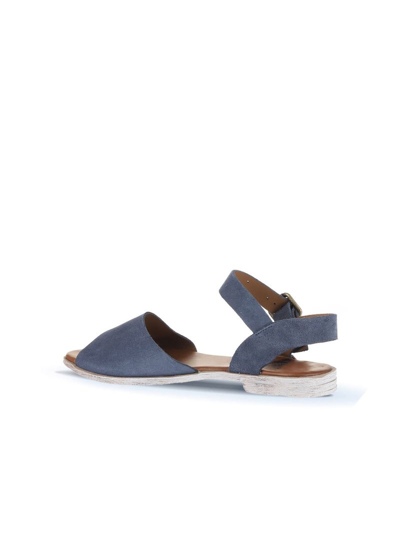 BUENO Women's Indigo Blue Suede Buckle Strap Sandals – Handmade Flat Open-Toe Summer Shoes with White-Washed Sole for Casual and Chic Outfits - Image 4