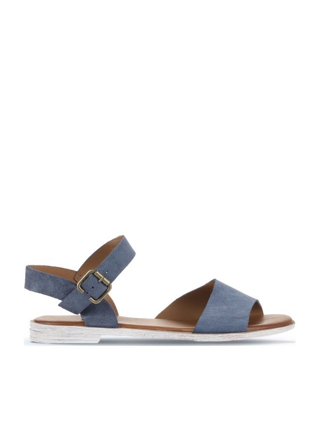 BUENO Women's Indigo Blue Suede Buckle Strap Sandals – Handmade Flat Open-Toe Summer Shoes with White-Washed Sole for Casual and Chic Outfits - Image 1