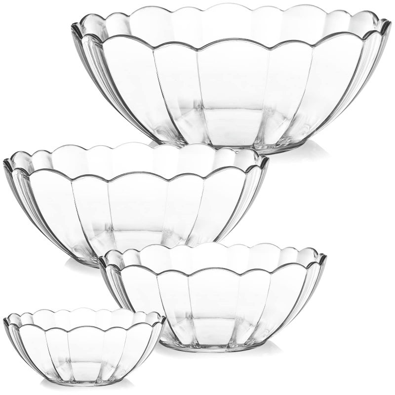 DEAYOU 4 Pack Clear Serving Bowls Acrylic Salad Mixing Bowls Party Snack or Chip Bowl BreakResistant Disposable Catering Bowls Punch Bowl for Entertain Fruit Vegies 4 Sizes FlowerShape