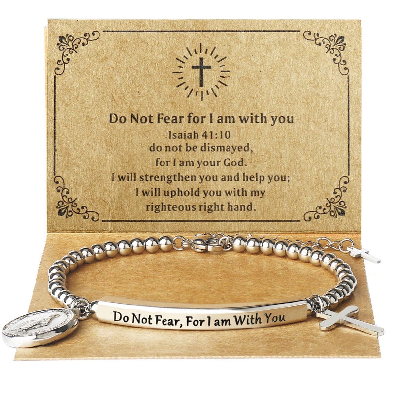 DS Religious Gift for Her Christian Cross Jesus Charm Bracelet Bible Verse Do not fear for,I am with you Inspirational faith Friendship Bracelets For Women Stainless Steel Jewelry Gift Daughter-Silver - Image 1