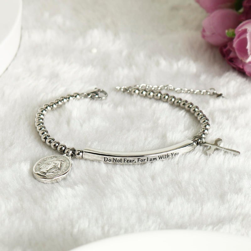 DS Religious Gift for Her Christian Cross Jesus Charm Bracelet Bible Verse Do not fear for,I am with you Inspirational faith Friendship Bracelets For Women Stainless Steel Jewelry Gift Daughter-Silver - Image 2