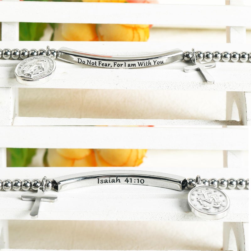 DS Religious Gift for Her Christian Cross Jesus Charm Bracelet Bible Verse Do not fear for,I am with you Inspirational faith Friendship Bracelets For Women Stainless Steel Jewelry Gift Daughter-Silver - Image 3