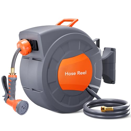 GAOMON Retractable Garden Hose Reel - 1/2 in x 100 ft, Wall Mounted, 9-Function Sprayer, Any Length Lock, 180° Swivel, Automatic Rewind & Slow Return System - Image 1