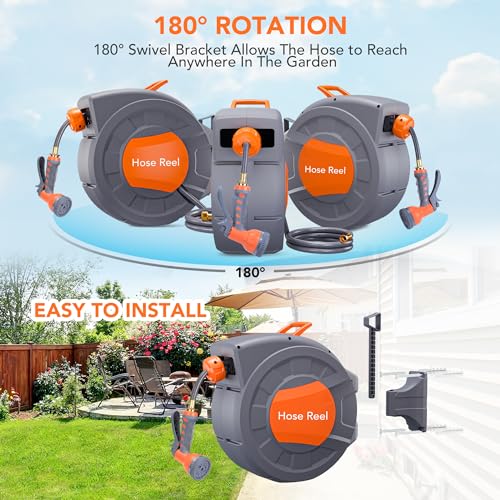 GAOMON Retractable Garden Hose Reel - 1/2 in x 100 ft, Wall Mounted, 9-Function Sprayer, Any Length Lock, 180° Swivel, Automatic Rewind & Slow Return System - Image 3