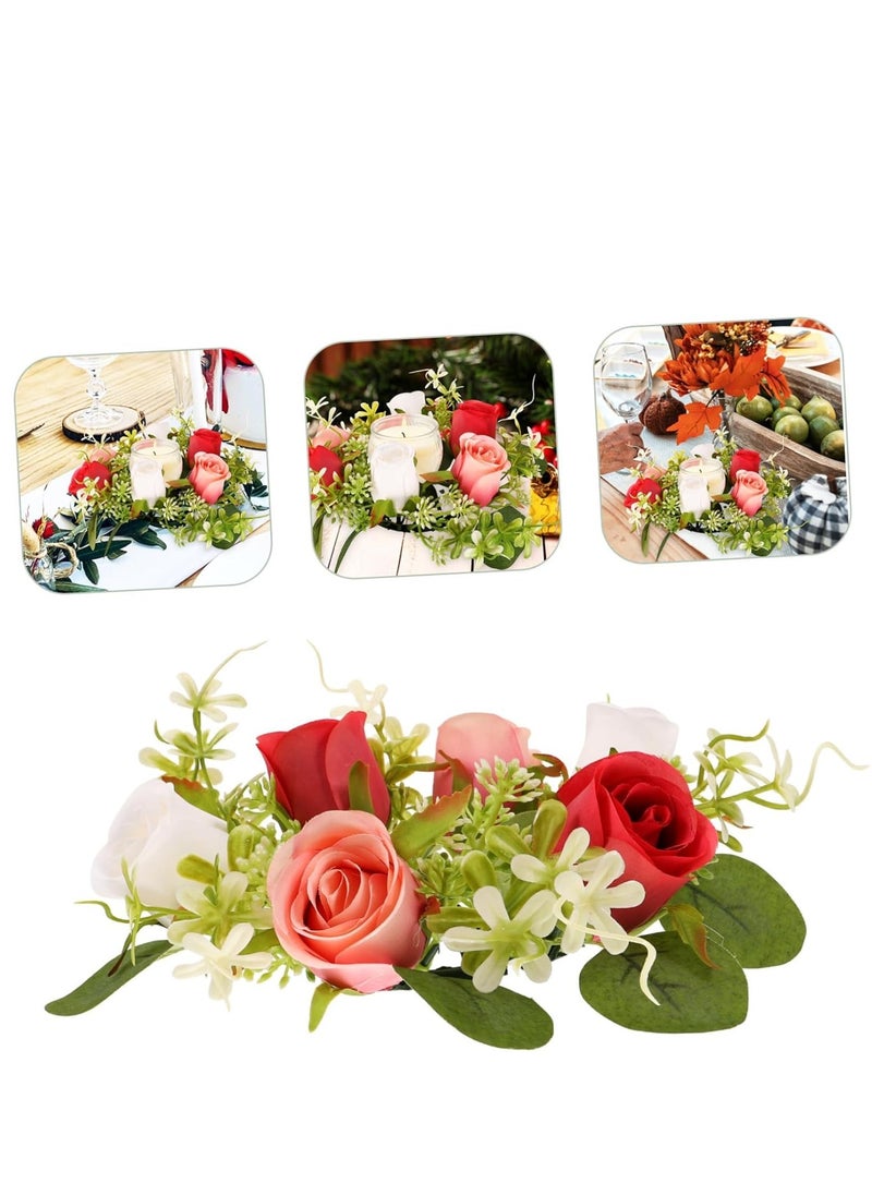 KASTWAVE - Candle Decoration Garland Wedding Candle Wreath Spring Wreath Ring Candle Stick Wreaths Fake Roses Candle Ring Artificial Floral Wreath Green Candles Mini Silk Flower Scented Tea - Image 1