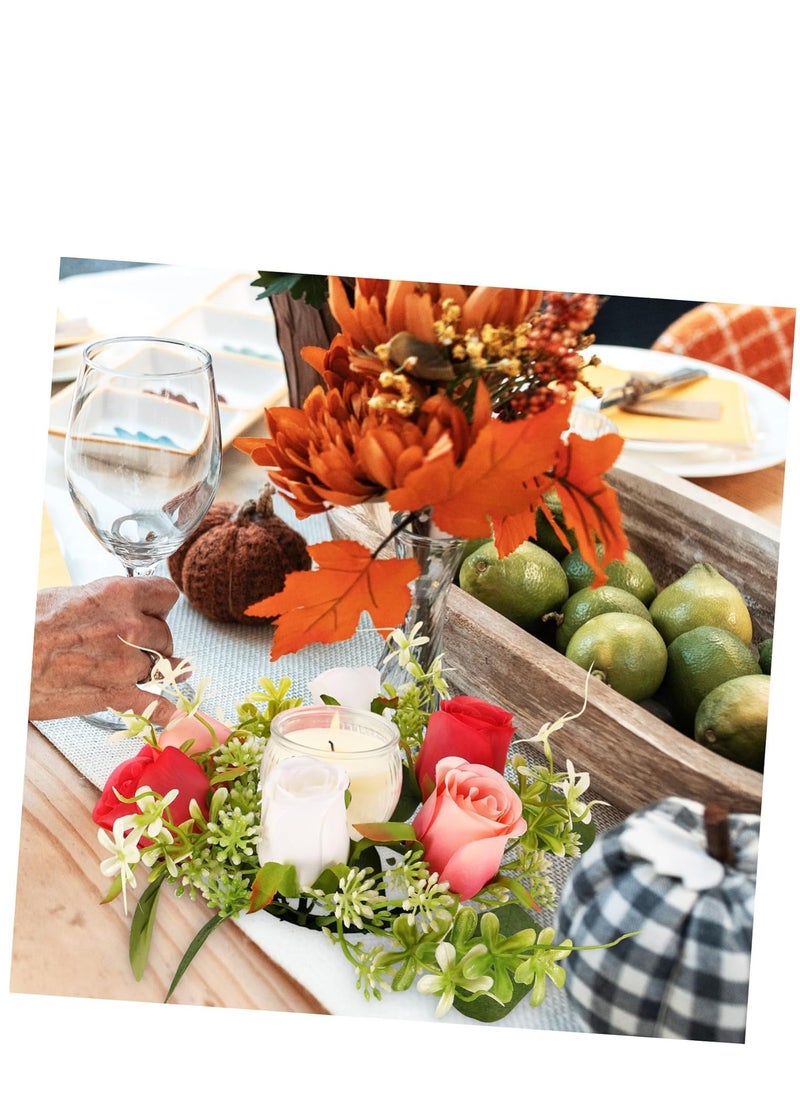 KASTWAVE - Candle Decoration Garland Wedding Candle Wreath Spring Wreath Ring Candle Stick Wreaths Fake Roses Candle Ring Artificial Floral Wreath Green Candles Mini Silk Flower Scented Tea - Image 1