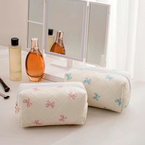 Gleyemor Small Quilted Makeup Bag for Women, Cute Floral Bow Cosmetic Bag, Emergency Bag Travel Toiletry Cotton Pouch Gifts for Girls Her Mom Friend Sister Bridesmaid (Small Pink Bowknot) - Image 3