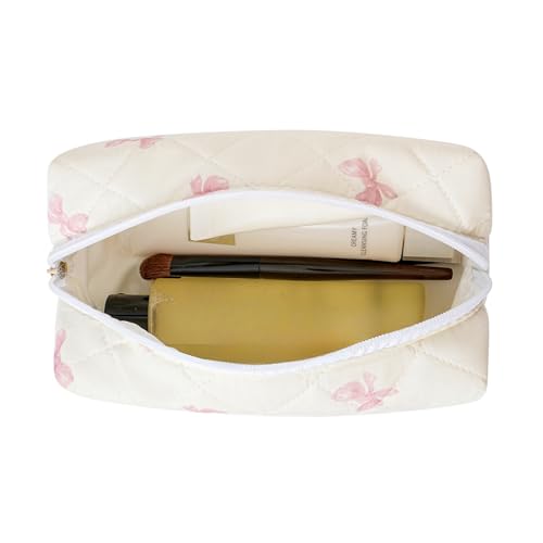 Gleyemor Small Quilted Makeup Bag for Women, Cute Floral Bow Cosmetic Bag, Emergency Bag Travel Toiletry Cotton Pouch Gifts for Girls Her Mom Friend Sister Bridesmaid (Small Pink Bowknot) - Image 2
