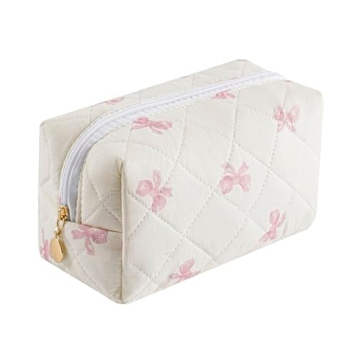 Gleyemor Small Quilted Makeup Bag for Women, Cute Floral Bow Cosmetic Bag, Emergency Bag Travel Toiletry Cotton Pouch Gifts for Girls Her Mom Friend Sister Bridesmaid (Small Pink Bowknot) - Image 1