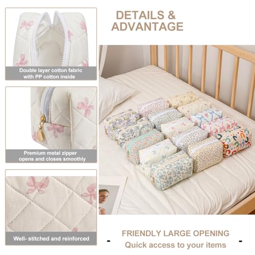 Gleyemor Small Quilted Makeup Bag for Women, Cute Floral Bow Cosmetic Bag, Emergency Bag Travel Toiletry Cotton Pouch Gifts for Girls Her Mom Friend Sister Bridesmaid (Small Pink Bowknot) - Image 4