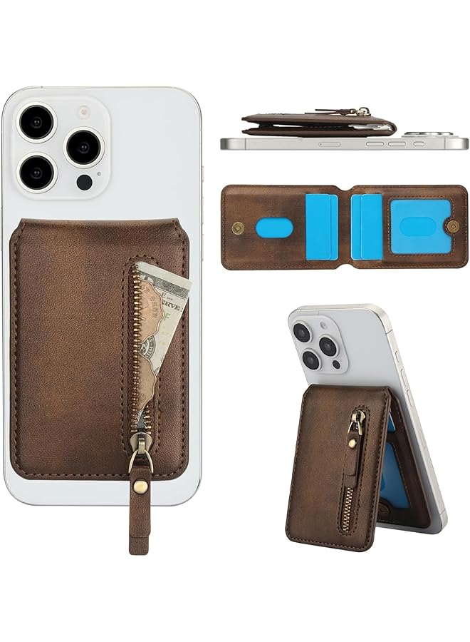 Green Tiger Compatible with MagSafe Leather Wallet, Magnetic Card Holder Wallet for iPhone 16/15/14/13/12 Series, Zipper Phone Wallet with Kickstand, 4 Card Slots, Brown - Image 1