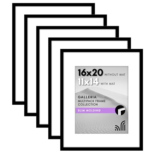 Americanflat 16x20 Picture Frame with Polished Plexiglass Set of 5 Use as 11x14 Frame with Mat or Display 16x20 Photo Without Mat Galleria Collection Picture Frames for Wall Display Black