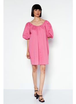MANGO Women Plain Puffed Sleeve Mini Dress, Pink  - Image 2
