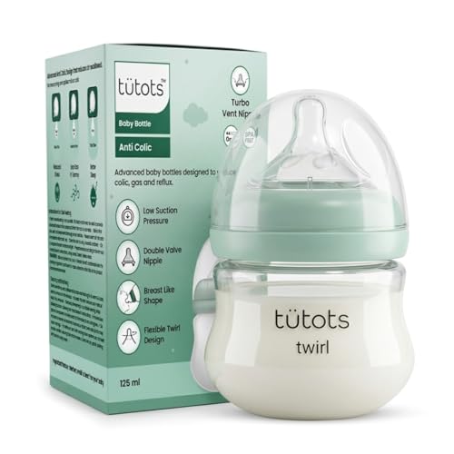 tütots Baby Feeding Bottle | AntiColic Wide Neck| BPA Free | Baby Feeding Bottle with Turbo Vent Nipple | Twirl Series (Green, 125 ml) - Image 1