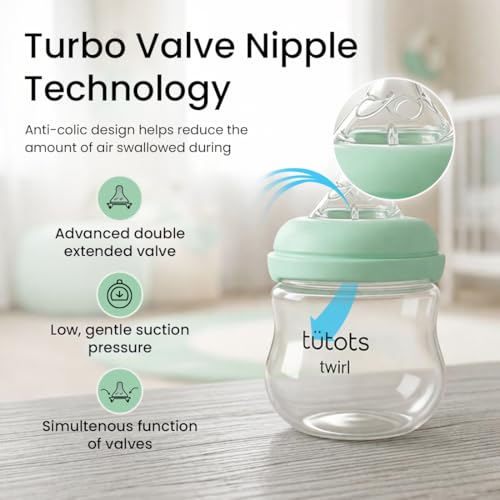 tütots Baby Feeding Bottle | AntiColic Wide Neck| BPA Free | Baby Feeding Bottle with Turbo Vent Nipple | Twirl Series (Green, 125 ml) - Image 4