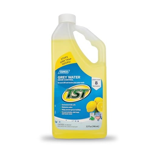 Camco TST Camper/RV Grey Water Odor Control - Features Septic Safe Biodegradable Formula - Removes Grease Build-Up in Black Water Tank, Sink & Shower Drains - Fresh Lemon Scent, 32-oz Bottle (40252) - Image 1