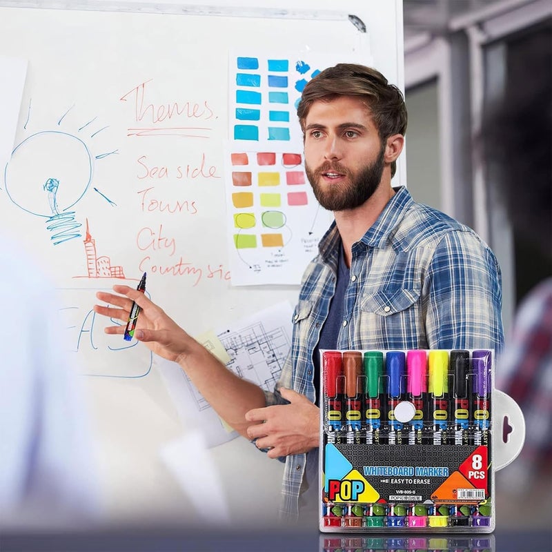 KASTWAVE 8 Color Dry Erase Markers Set, Low-Odor Whiteboard Pens for Teachers & Office, Fine Tip Erasable Markers for Writing on Whiteboard, Glass, Mirror, Easy to Clean with Quick-Dry Ink - Image 4