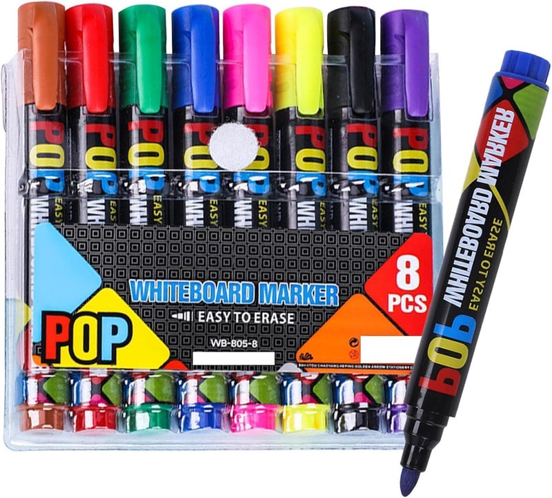 KASTWAVE 8 Color Dry Erase Markers Set, Low-Odor Whiteboard Pens for Teachers & Office, Fine Tip Erasable Markers for Writing on Whiteboard, Glass, Mirror, Easy to Clean with Quick-Dry Ink - Image 1
