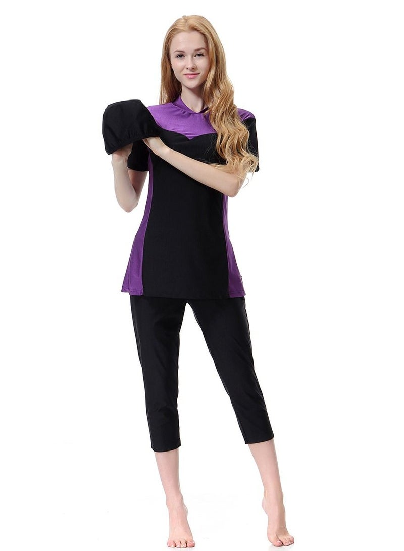 Loquat Women's Highly elastic Three-Piece Swimwear Set Conservative Style Short Sleeve Swimsuit Set Purple/Black  - Image 1