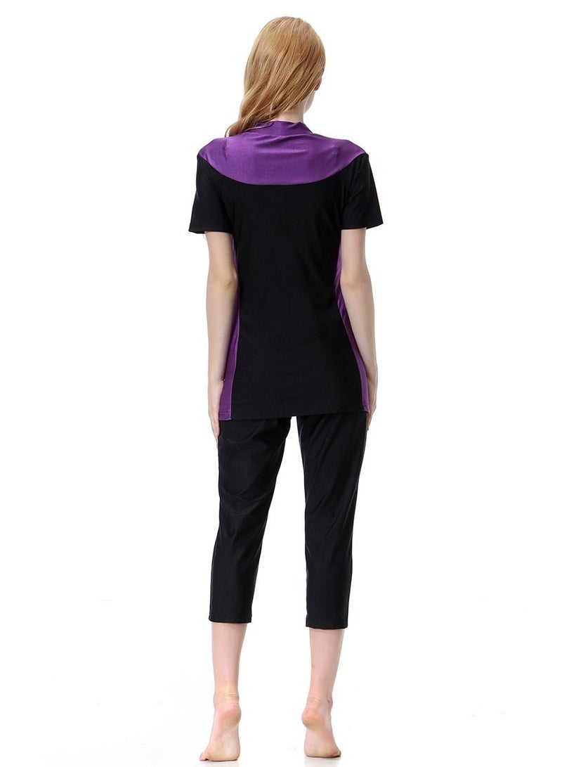 Loquat Women's Highly elastic Three-Piece Swimwear Set Conservative Style Short Sleeve Swimsuit Set Purple/Black  - Image 2