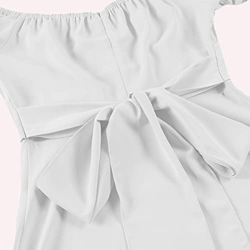 LYANER Women's Off Shoulder Wrap Ruffle Puff Short Sleeve Ruched Tie Back Dress White Medium - Image 4