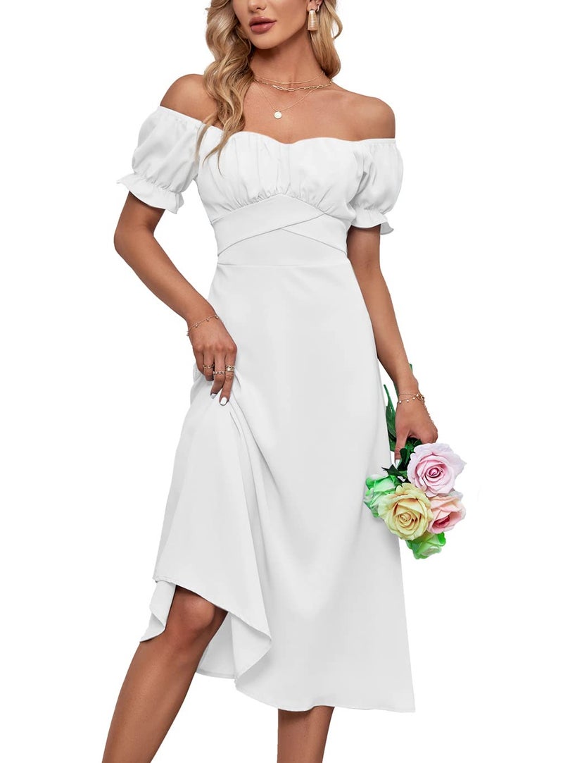 LYANER Women's Off Shoulder Wrap Ruffle Puff Short Sleeve Ruched Tie Back Dress White Medium - Image 1