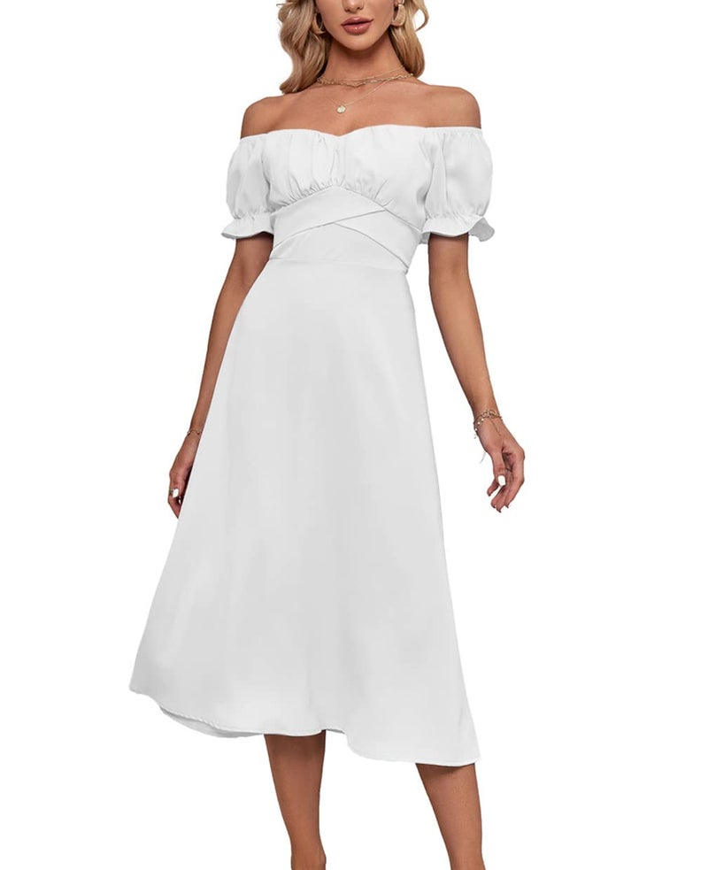 LYANER Women's Off Shoulder Wrap Ruffle Puff Short Sleeve Ruched Tie Back Dress White Medium - Image 3