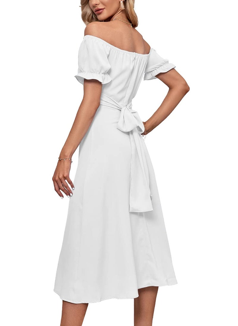 LYANER Women's Off Shoulder Wrap Ruffle Puff Short Sleeve Ruched Tie Back Dress White Medium - Image 2