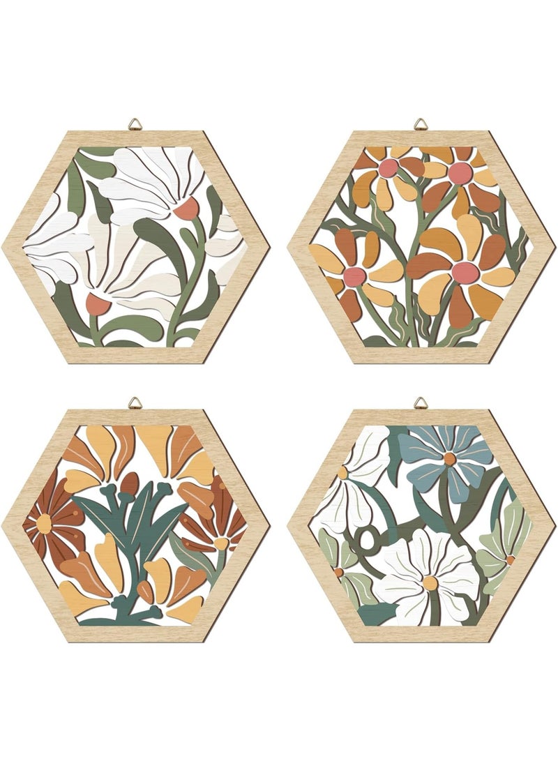YelaJoy 4PCS Boho Flower Wood Wall Art,Abstract Flower Market Wooden Wall Hanging Decor,8”x10”Colorful Matisse Wall Art Framed,Minimalist Floral Botanical Art Print for Girls Bedroom Living Room Office - Image 1