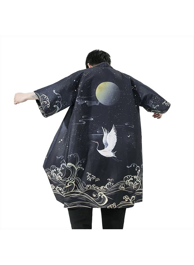 HAORUN - Men Japanese Kimono Coat Loose Yukata Outwear Long Bathrobe Tops Vintage - Image 1