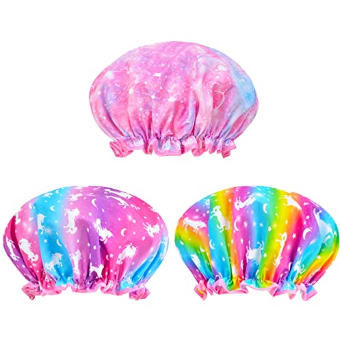 Olypegic Kids Shower Cap, 3 Pcs Girls Shower Cap for Kids Reusable Waterproof Adjustable Large Hair Cap Unicorn Mermaid Rainbow Cute Hair Cover Hat - Image 2