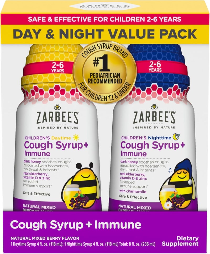 Zarbee's Children's Honey Cough Syrup + Immune Day & Night Value Pack, Daytime & Nighttime Toddler Cough Syrup with Dark Honey, Real Elderberry, Vitamin D, & Zinc, Mixed Berry, Two Pack, 2 x 4 fl. oz