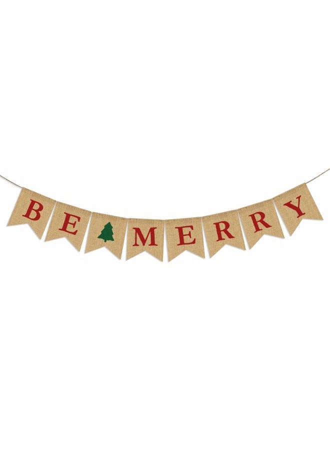Partyprops Be Merry Burlap Banner | Christmas Burlap Banner | Christmas Tree Garland | Holiday Bunting | Home Garden Indoor Outdoor Banner | Natural Burlap Banner | Christmas Decor Decorations - Image 1