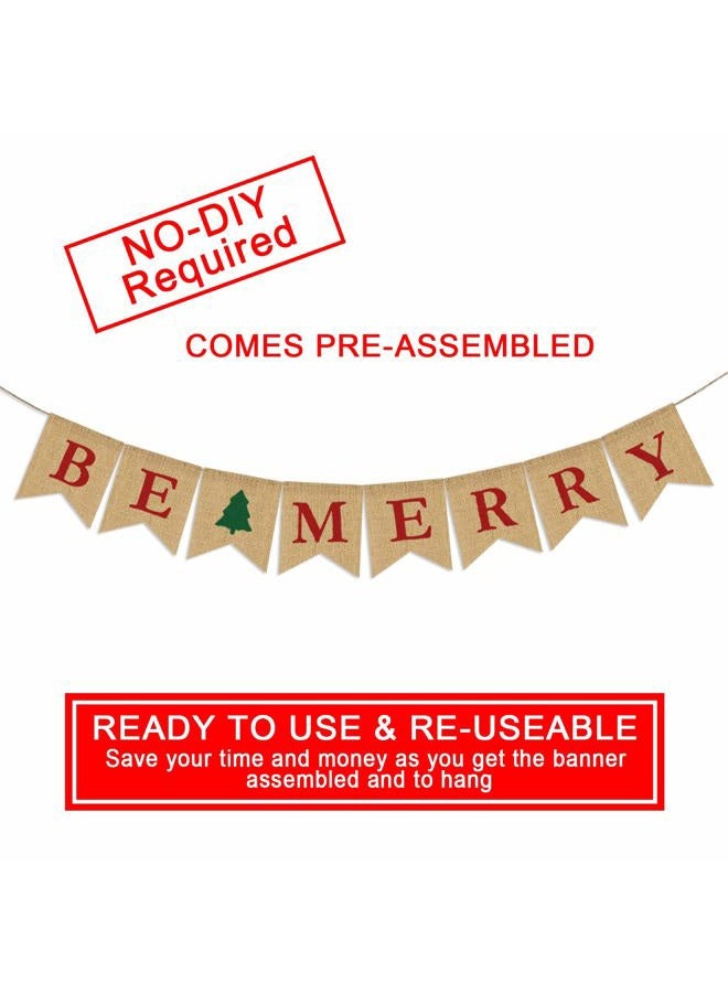 Partyprops Be Merry Burlap Banner | Christmas Burlap Banner | Christmas Tree Garland | Holiday Bunting | Home Garden Indoor Outdoor Banner | Natural Burlap Banner | Christmas Decor Decorations - Image 2