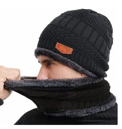 Atipriya Woolen Beanie/Skull Cap & Neck Warmer Combo for Winters with Faux Fur Inner Side Woolen Cap | Ear Warmer Cap Pack of 2 Set (black & grey neck muffler cap) - Image 4