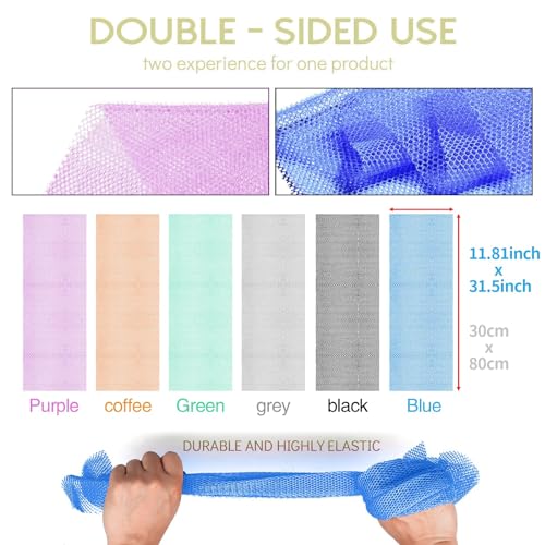 UJFQBH 6 Pieces African Bath Sponge African Net Long Net Bath Sponge Exfoliating Shower Body Scrubber Back Scrubber Skin Smoother,Great for Daily Use (Purple, Gray, Blue, Black, Brown, Green) - Image 3