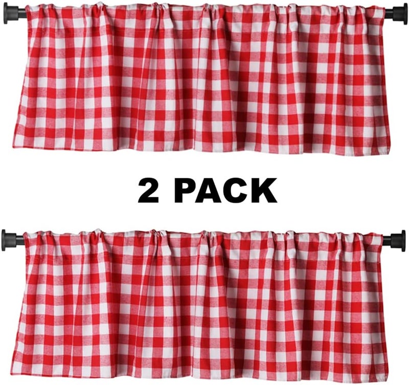 WOSIBO 2 Pack Buffalo Check Plaid Cotton Window Valances Red and White Farmhouse Design Window Treatment Decor Curtains Rod Pocket Valances for Kitchen/Living Room 16" x 56" (Red and White) - Image 2