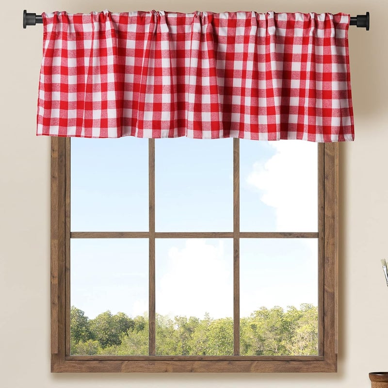 WOSIBO 2 Pack Buffalo Check Plaid Cotton Window Valances Red and White Farmhouse Design Window Treatment Decor Curtains Rod Pocket Valances for Kitchen/Living Room 16" x 56" (Red and White) - Image 1