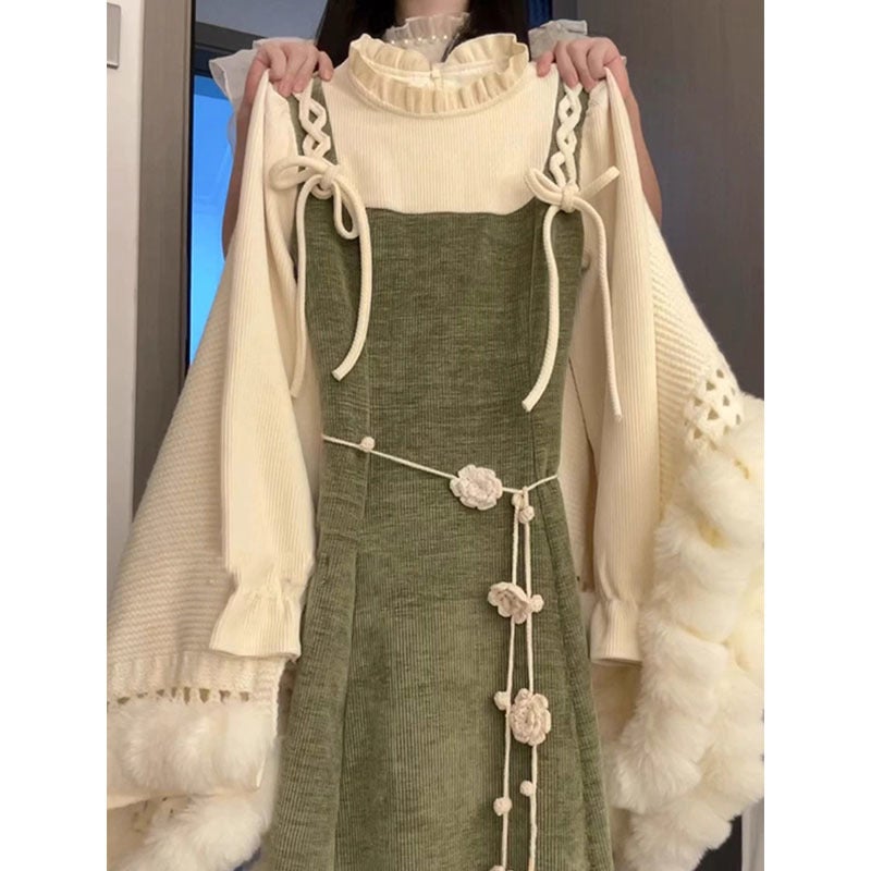 Suit for Women 2025 Autumn and Winter New Korean Style Age-Reducing Long-Sleeved Bottoming Shirt Top Slimming Look Suspender Dress Two-Piece Set Bottoming shirt single piece