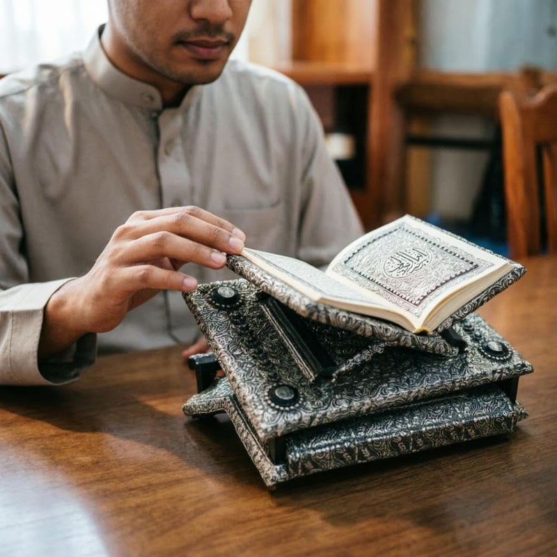 Reading Stand - Adjustable ergonomic support designed for comfortable Quran recitation, paired with a premium Medina Mushaf and elegant storage box, making (Model 1) - Image 2