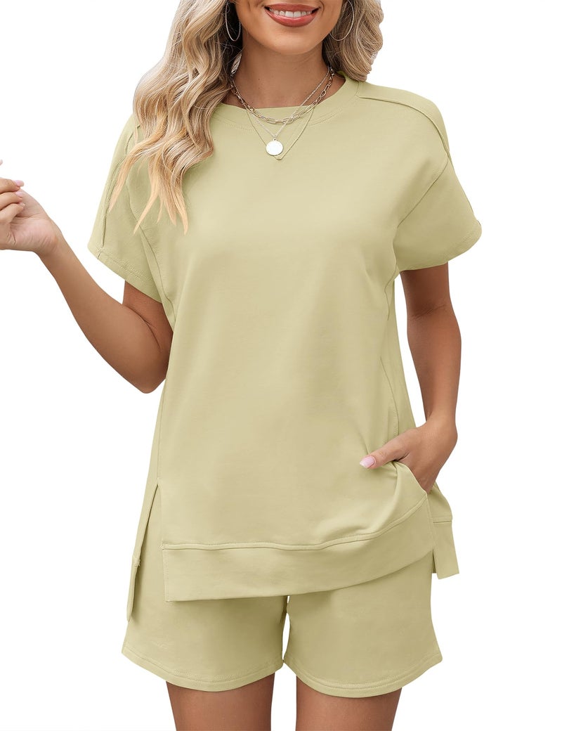 LOMON Womens Sweatsuits 2 Piece Set Fashion Lounge Shorts Set Spring Short Sleeve Loungewear Outfits(Apricot,XL) - Image 1