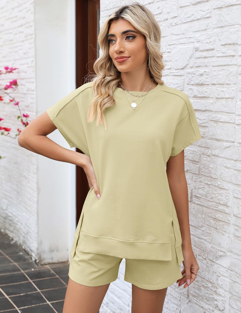 LOMON Womens Sweatsuits 2 Piece Set Fashion Lounge Shorts Set Spring Short Sleeve Loungewear Outfits(Apricot,XL) - Image 2