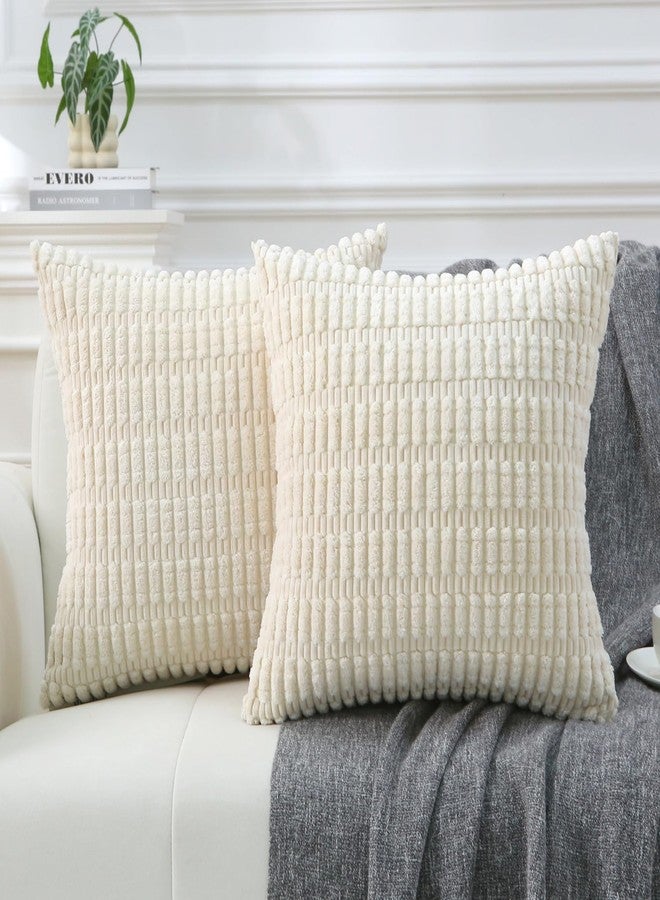 WHATWEARS 2 Pack Corduroy Decorative Throw Pillow with Inserts, 18x18 Inch Soft Boho Throw Pillow, Square Striped Throw Pillows for Couch, Bed, Sofa Decor(Beige) - Image 1