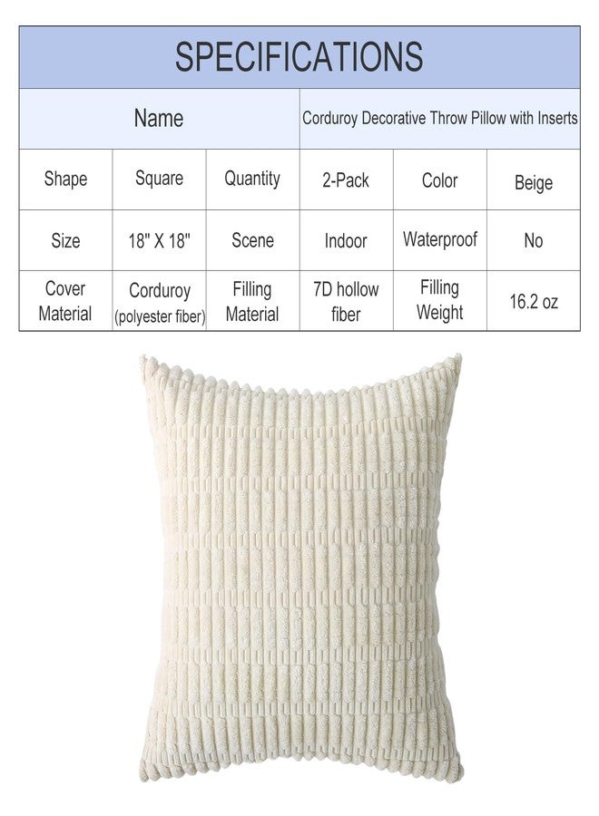 WHATWEARS 2 Pack Corduroy Decorative Throw Pillow with Inserts, 18x18 Inch Soft Boho Throw Pillow, Square Striped Throw Pillows for Couch, Bed, Sofa Decor(Beige) - Image 2